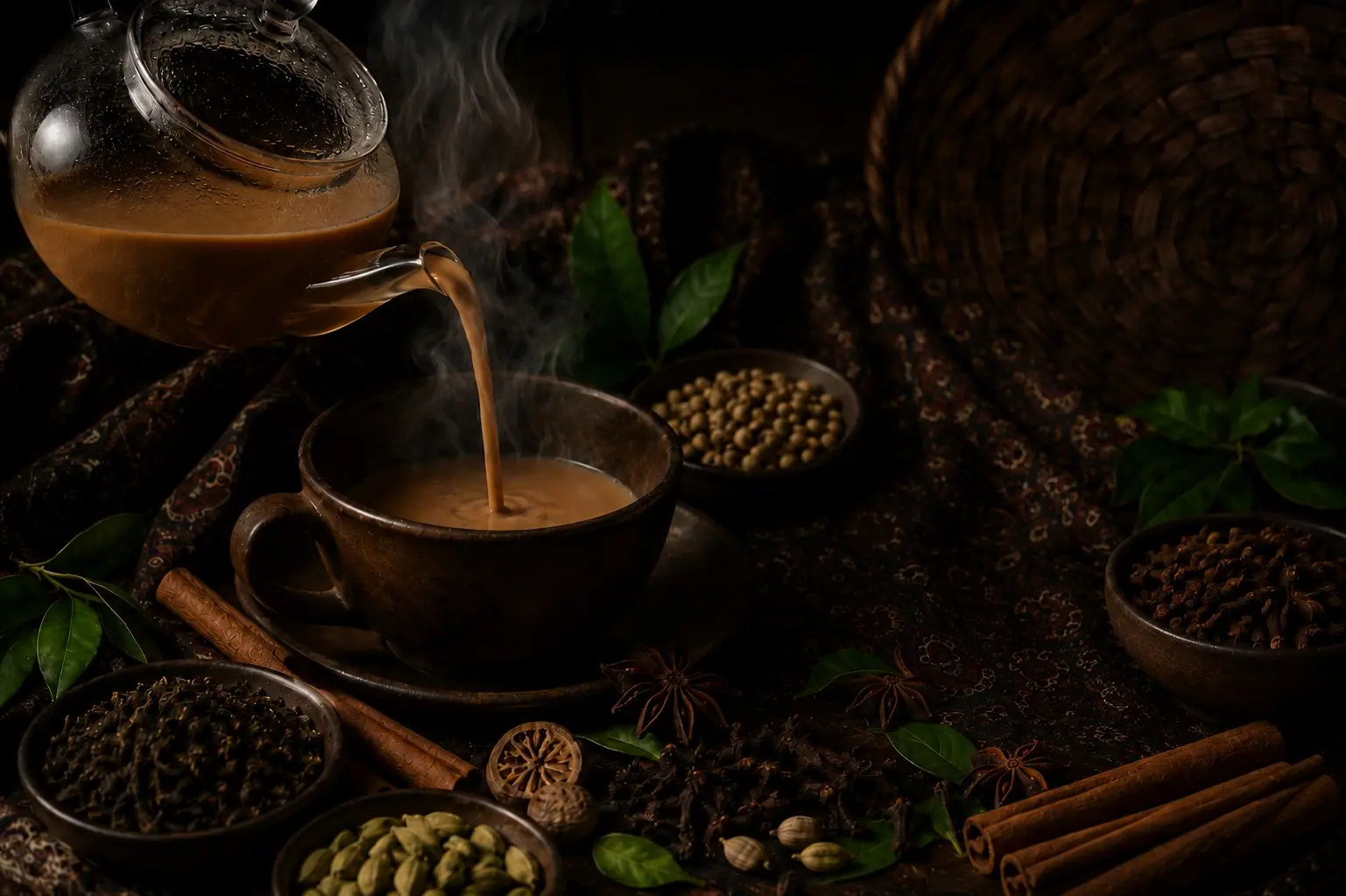 Milky spiced chai pouring from a glass teapot into a dark cup, steam curling up among cinnamon, cloves, cardamom and star anise