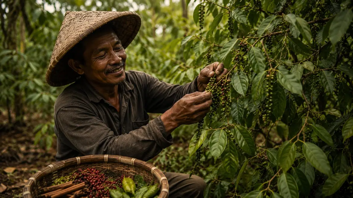 A farmer harvesting spices into a woven basket