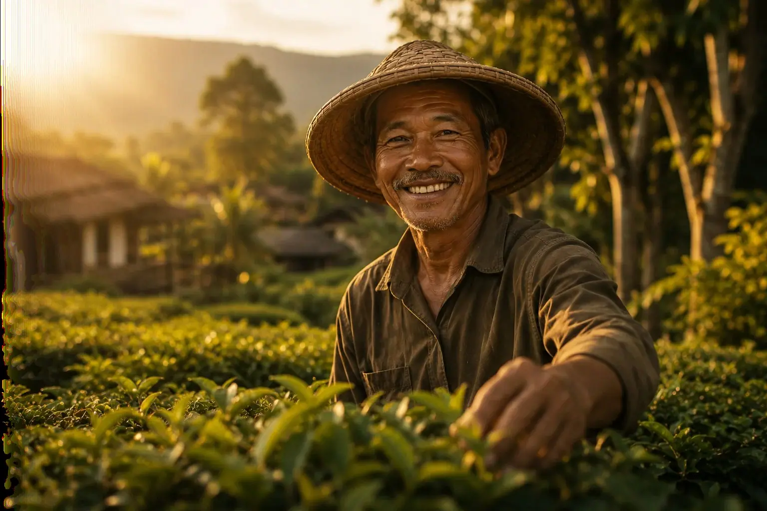 A smiling farmer standing in a tea field in warm golden light