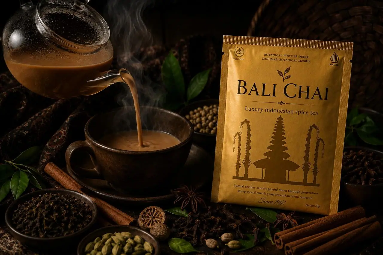 Bali Chai pouch beside a cup as spiced chai is poured in a dark studio setting
