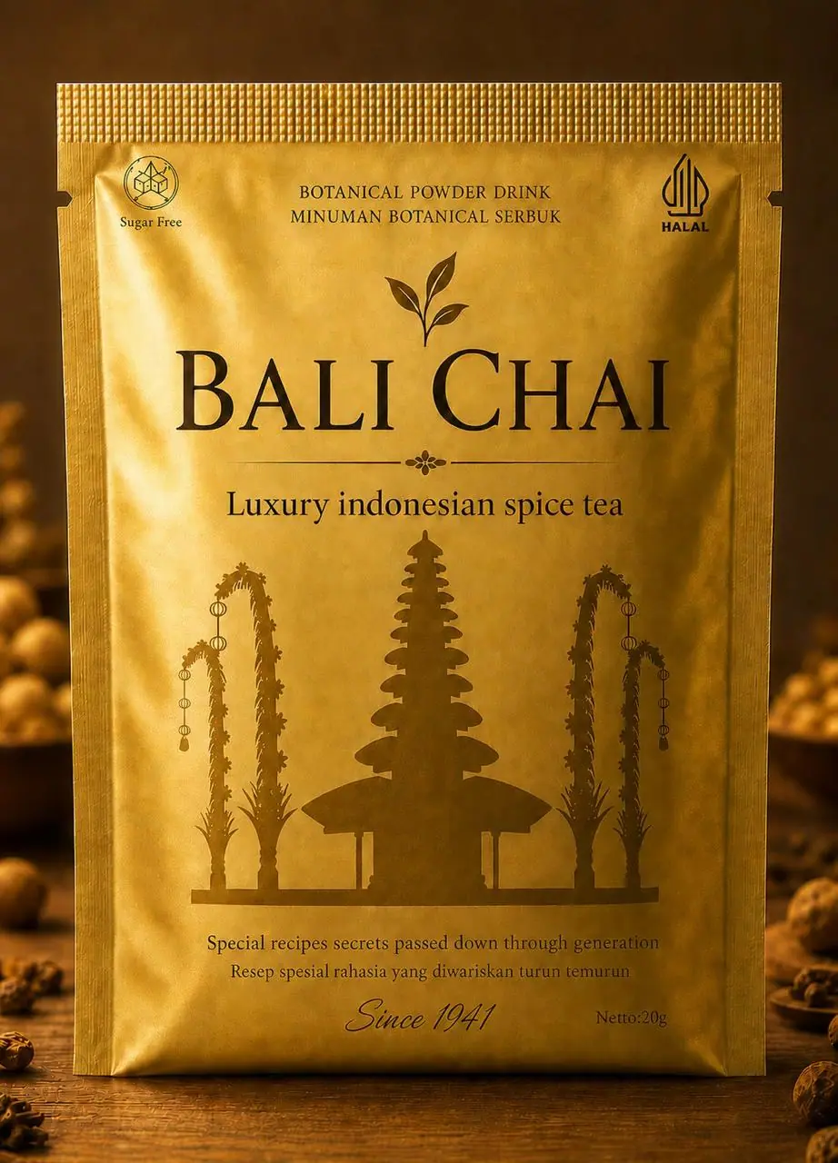 Front of the gold Bali Chai pouch showing the Halal and Sugar Free marks, a Balinese meru temple, Since 1941 and Netto 20 g