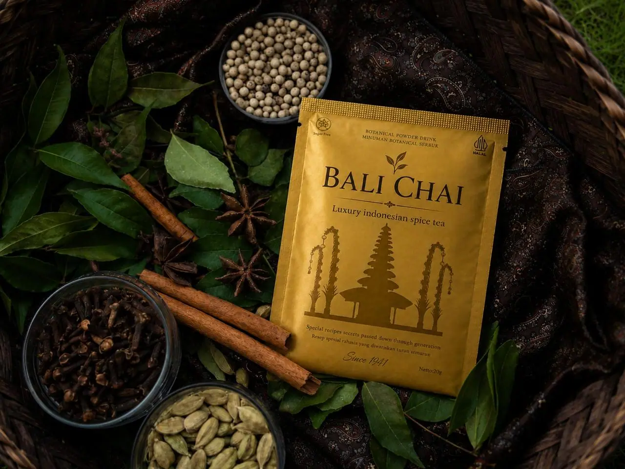 Bali Chai pouch resting in a woven basket with cloves, cinnamon, cardamom and star anise