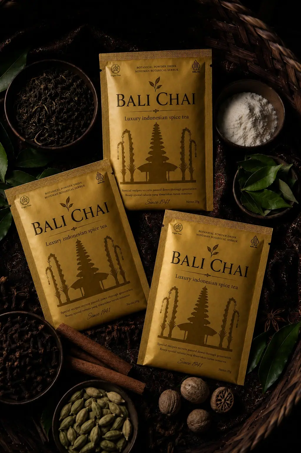Three Bali Chai pouches arranged flat among whole spices
